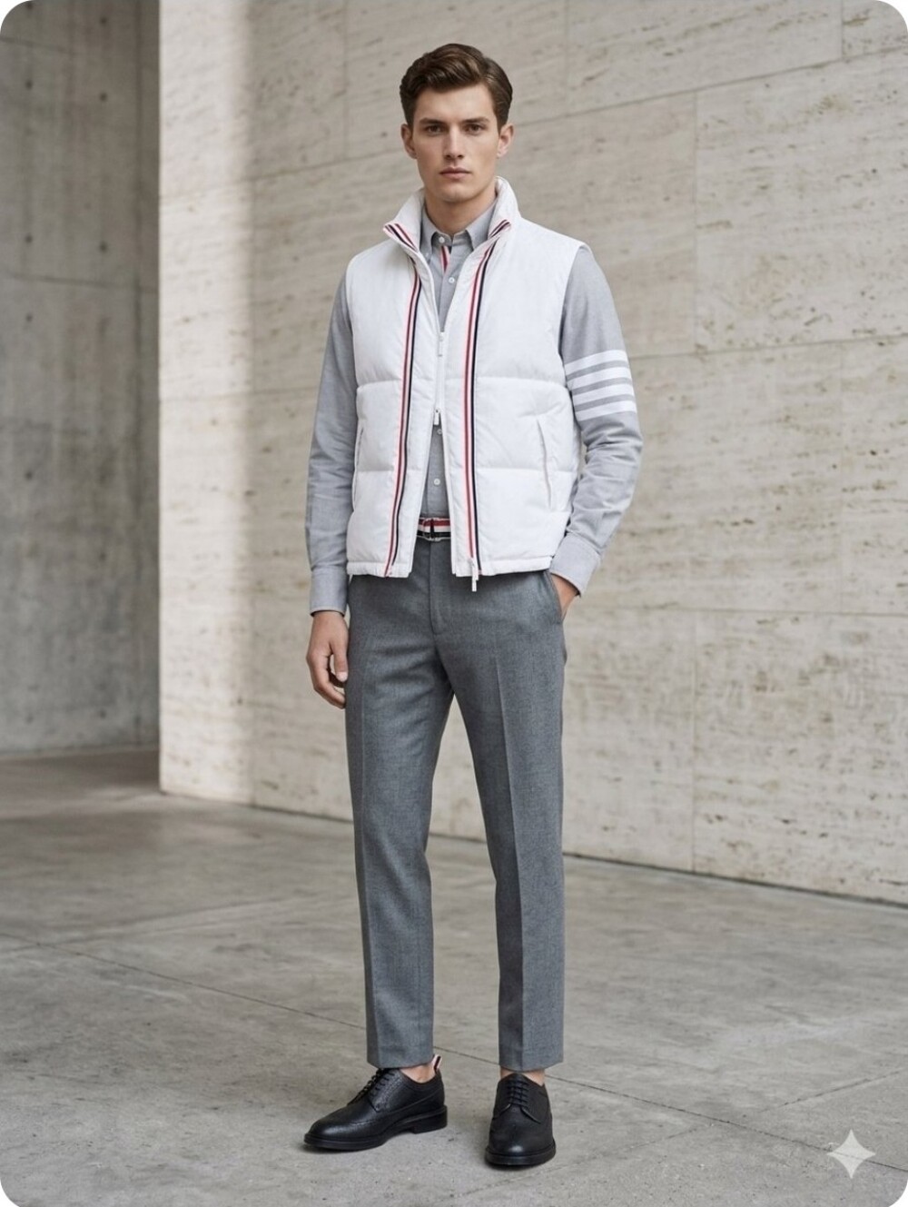 Thom Browne Off-White Quilted Double Zip Down Vest with Red & Navy Center Stripe